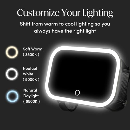 Fancii Car Sun Visor Makeup Mirror with Light, Rechargeable, 3 Color Modes, Dimmable, Adjustable Strap Clip-On Vanity Mirror, Universal fit, Built-in Kickstand (Juni 2) - Black
