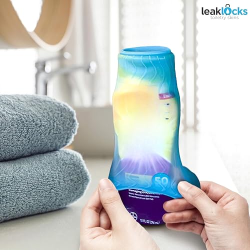 LeakLocks¢ç Toiletry Skins¢â Elastic Sleeve for Leak Proofing Travel Container in Luggage. For Standard and Travel Sized Toiletries. Reusable Accessory for Travel Bag Suitcase and Carry-on Luggage