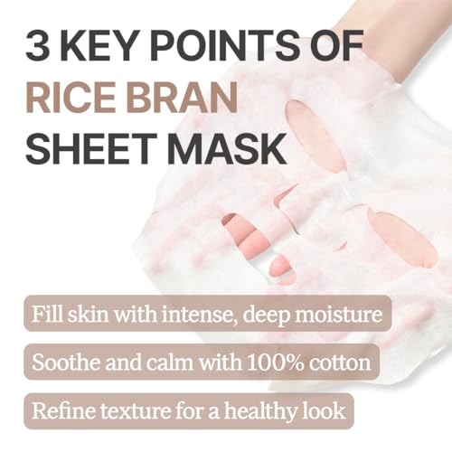 Rice Bran Sheet Mask with Rice and Herb Extracts - Hydrating & Soothing Cotton Face Mask - 10 Pack