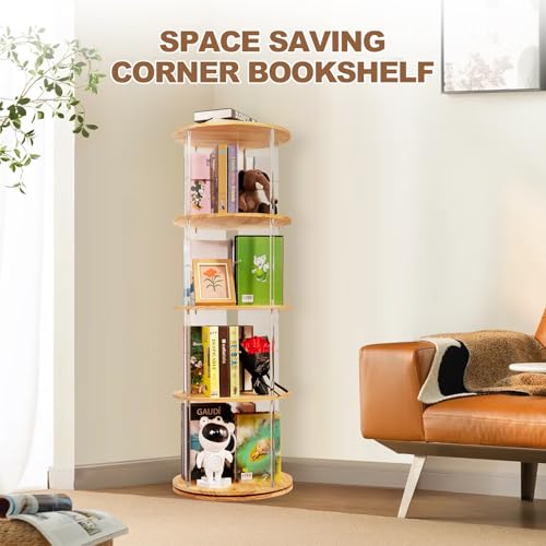 4-Tier Natural Round Rotating Bookshelf - 360° Spinning Book Tower with Solid Wood & Clear Acrylic