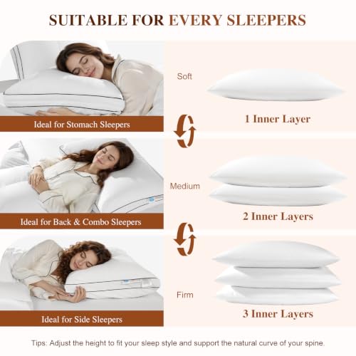 LIANLAM White-Ivory 3-Layer Adjustable Queen Down Pillow with Cooling Fabric, Pack of 1