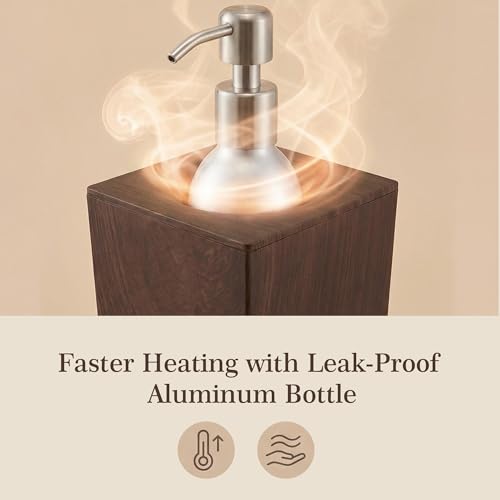 Square Massage Oil Warmer - Leak-Proof Aluminum Bottle, 8.5 Fl.Oz, 140°F Max - Modern Wood-Grain Design for Spa & Salon