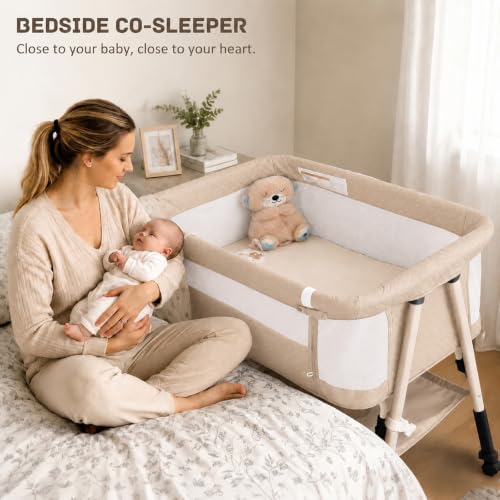 3-in-1 Baby Bassinet Bedside Sleeper with Mesh Sides & Height Adjustment - Beige