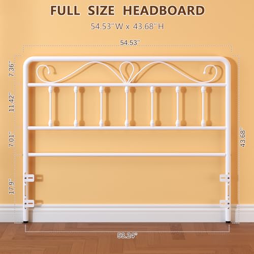 Full Size Metal Headboard for Bed Frame - White Victorian Style, Adjustable Height