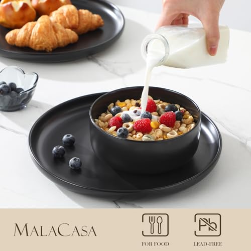 Black Porcelain Dinnerware Set for 4 - 12 Pieces Plates & Bowls, Microwave & Dishwasher Safe