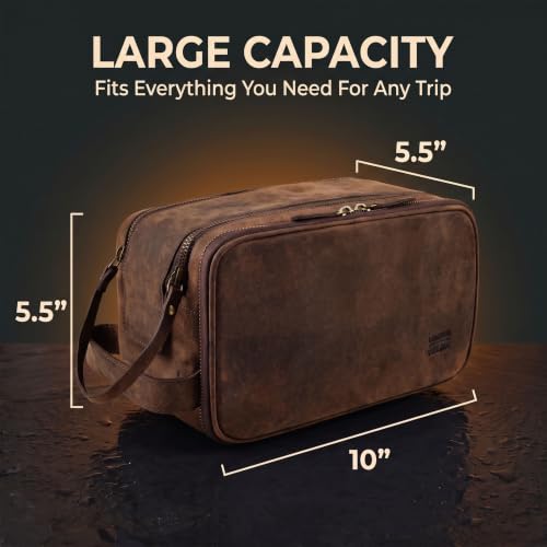 Leather Toiletry Dopp Kit Bag for Men & Women - Rustic Brown, 10in