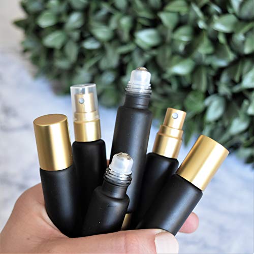 6-Pack Black Glass Bottles with Dual Ends ? Sprayer & Roller Tops ? Leakproof, Premium Essential Oil & Perfume Bottles with Elegant Gold Accents ? Refillable Custom Blend Containers