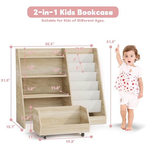 COZPAW Kids Bookshelf & Toy Storage Medium Oak 4-Tier Toddler Organizer