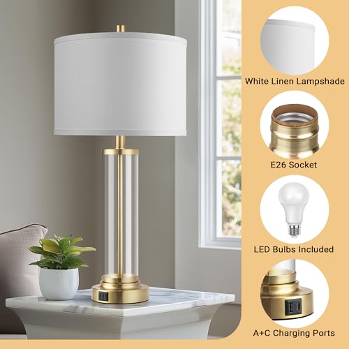 Glass Table Lamps Set of 2 - Modern Gold Dimmable Bedside Lamps with USB Charging - Variation of Gold
