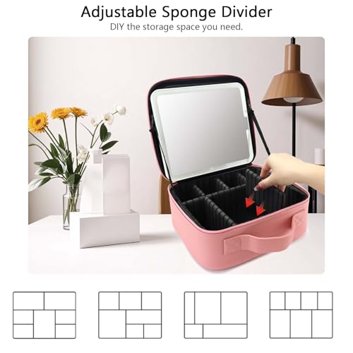 Travel Makeup Bag with LED Mirror Travel Makeup Organizer with 3 Lighted Settings, Adjustable Dividers and Makeup Brush Storage Bag Pink