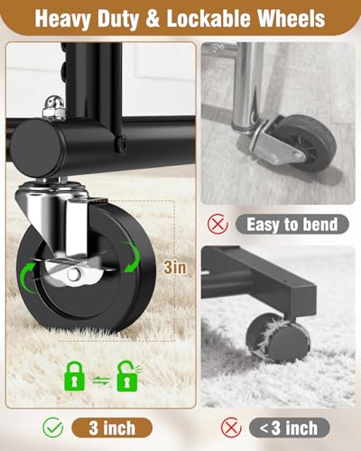 EAGMAK Black Heavy Duty Rolling Clothes Rack with 2 Shelves, Adjustable