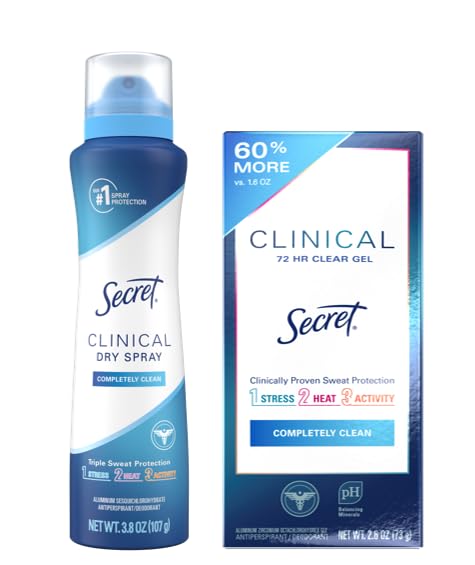 Secret Clinical Strength Antiperspirant Deodorant Bundle for Women, Stick & Spray, 72H Odor & Sweat Protection, Clear Gel & Dry Spray, 2.6 oz & 3.8 oz, Pack of 2