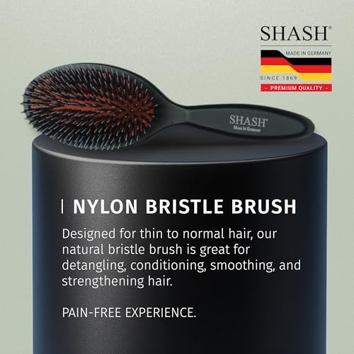 SHASH Hand Made German Nylon Boar Bristle Hair Brush Medium Black - Gentle Detangling