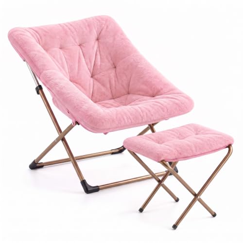 Pink Oversized Saucer Chair with Ottoman - Faux Fur Lounge Chair for Adults