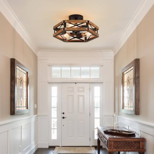 Oak and Black 2 Pack Rustic Farmhouse 3-Light Ceiling Light Fixtures - Wood & Metal Flush Mount for Hallway, Entry, Bedroom, Kitchen