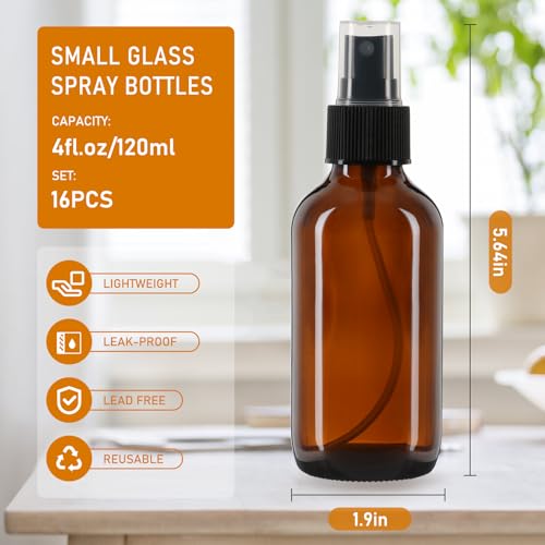 120ml Glass Spray Bottles with Fine Mist Sprayer 16Pack, Small Amber Glass Spray Bottles 4 oz for Perfumes,Cleaning Products,Pet Spray (4fl.oz, Set of 16)