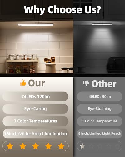 16-Inch Rechargeable Motion Sensor Under Cabinet Light - Dimmable, 3 Color Temps, Remote, Wireless Indoor Lighting - 6 Pack