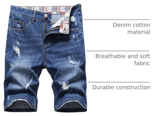 Men's Ripped Slim Fit Denim Shorts - Distressed Hole Design, Indigo Blue 36