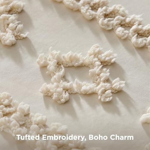 Oversized Queen Boho Comforter Set - Beige Bedding with Embroidered Tufts
