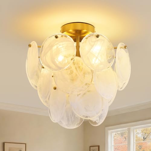 Gold White Cloud Glass Ceiling Light Fixture Modern Semi Flush Mount Round Lighting for Bedroom Living Room Foyer