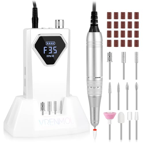 Rechargeable Nail Drill with Base - 35000RPM Portable Electric Nail File for Gel Acrylic Nail Art - White