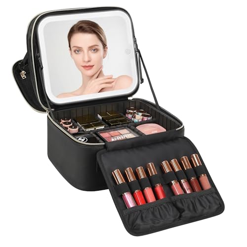 Small Travel Makeup Bag with LED Mirror - 2 Layers, Black (Variation 01-Black / 1-Small)