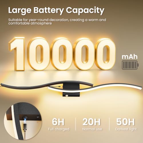 SyncGlow Black 39.4 Inch Battery-Operated Wall Sconces Set of 2 - Cordless, Dimmable, Rechargeable LED Wall Lights