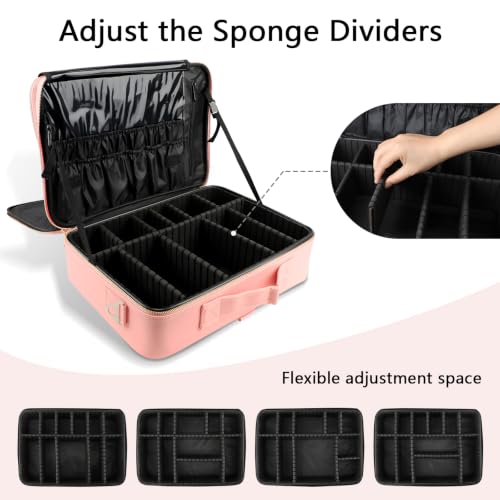 Large Pink Travel Makeup Case Organizer with Adjustable Dividers & Shoulder Strap