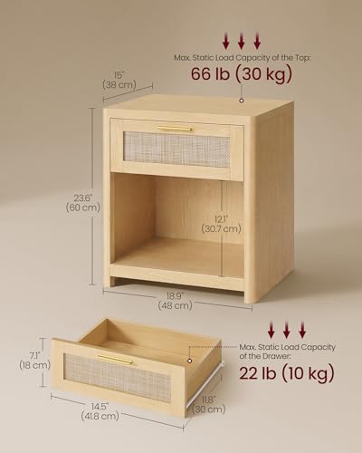 VASAGLE Boho Nightstands Set of 2 with Rattan Look Drawer - Oak Beige, 15"D x 18.9"W x 23.6"H