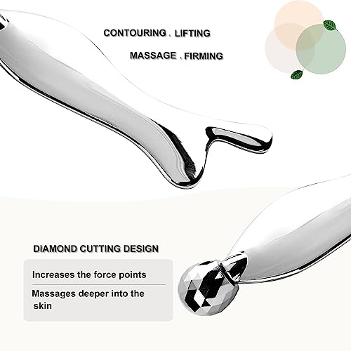 Face & Body Roller Massager - Guasha Tool for Face, Neck & Eyes, Stainless Steel, Chin Lift, Skin Tightening (Silver White)