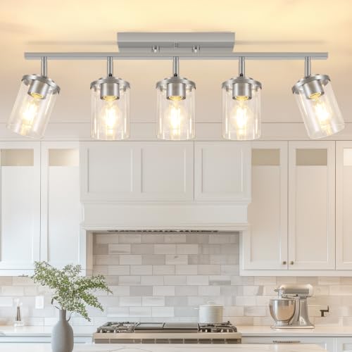 Brushed Nickel 5-Light Track Ceiling Light Fixture with Clear Glass Shades — Modern Adjustable Spotlight for Kitchen Living Room Hallway