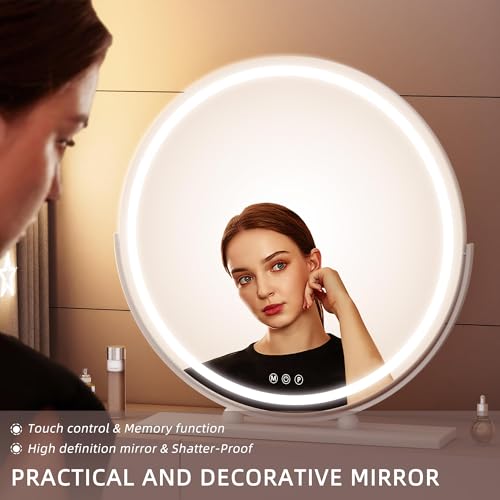 Hasipu 23.6-Inch LED Lighted Makeup Mirror with Touch Control, 3 Colors Dimmable, Round 360° Rotation, White Frame