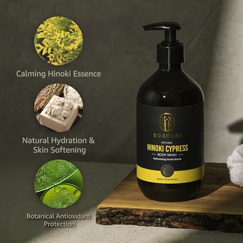 Men¡¯s Hinoki Cypress Body Wash, with Pure Hinoki Essential Oil, Gentle Non-Drying Cleanser with Japanese Sake & Botanicals, No Harsh Sulfates, No Synthetic Fragrance, Made in Taiwan, 16 fl oz
