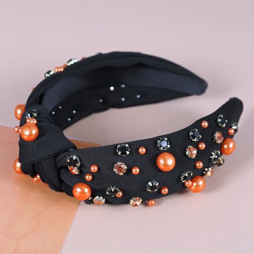 Halloween Pearl Knotted Headbands for Women Sparkly Beaded Crystal Embellished Headband Wide Top Knot Black Pumpkin Hairband Fancy Girls Halloween Hair Accessories Outfits