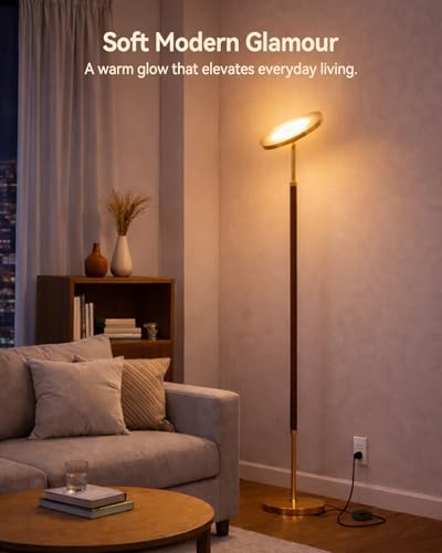 JOOFO Walnut Wood & Brushed Brass LED Torchiere Floor Lamp with Remote, Dimmable 3000LM