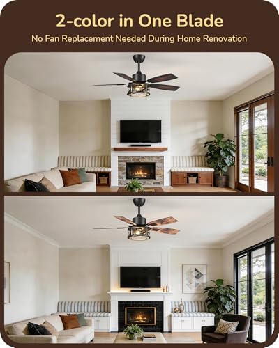 EDISHINE 42-inch Farmhouse Ceiling Fan with Light & Remote, Dimmable & Reversible, Red Gradient Black & Light Oka Variant