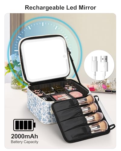 Blue Flower Travel Makeup Bag with LED Mirror & Dividers - Small