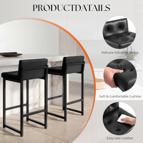 Black Counter Height Bar Stools Set of 2 with Back & Metal Legs - Faux Leather