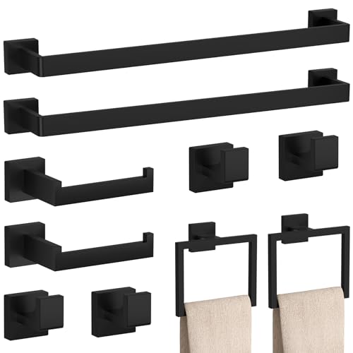 PNNWH Matte Black Bathroom Accessories Set 10 Pieces - Towel Bar & Holders, Towel Rings, Hooks