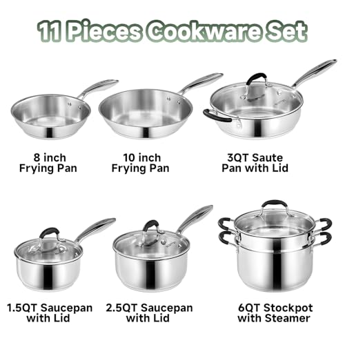 11-Piece Stainless Steel Cookware Set with Steamer - Non-Toxic, Induction & Oven Safe