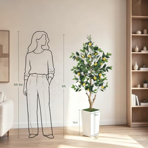 5FT Artificial Lemon Tree with White Tall Planter - Realistic Faux Plant