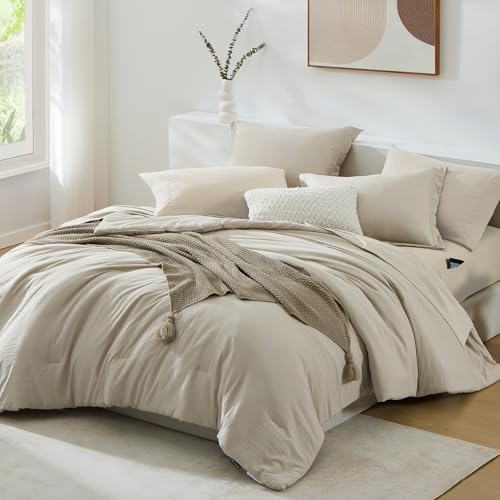 Queen Comforter Set - 7 Pieces Soft Microfiber Bedding in a Bag - Light Oatmeal, Queen (90x90)