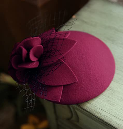 Vintage 1920s Wool Felt Flower Fascinator Pillbox Hat with Variation 018 Wine Red for Women