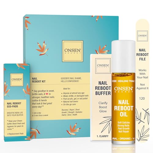 Onsen Secret Japanese Nail Reboot Cuticle Oil & Buffing Kit with File & Pads - Nail Strengthening & Repair - Variation of Nail Kit with Oil