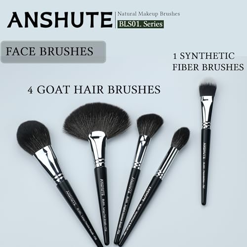 5-Piece Professional Natural Goat Hair Makeup Brush Set ? Face Brushes for Powder, Blush, Contour, Highlighting & Foundation. Super Soft Bristles, Variety of Brushes. Labled Brush Handle