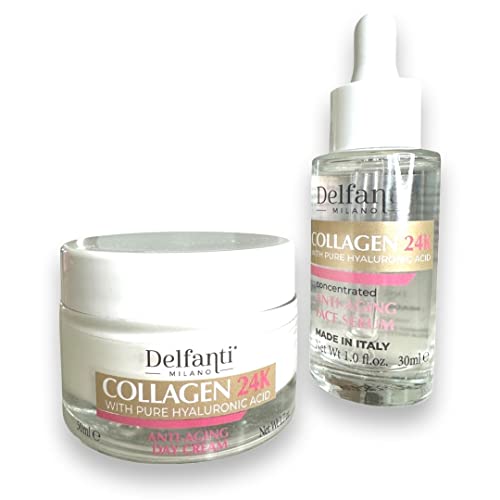 Delfanti ? COLLAGEN 24K with pure HYALURONIC Acid ? DAY TREATMENT FULL SIZE DUO PACK Concentrated Anti-Aging Serum and Day Cream for Face and Neck ? Made in Italy