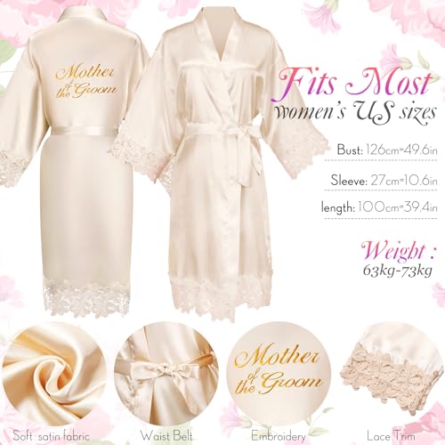 Suhine 14 Pcs Mother of The Bride and Groom Gifts Set Wedding Satin Robe Canvas Tote Bag with Makeup Bag 12 oz Tumbler Cup Small Makeup Mirror Scrunchies Knot Bracelet Wedding Gift for Mom(Champagne)