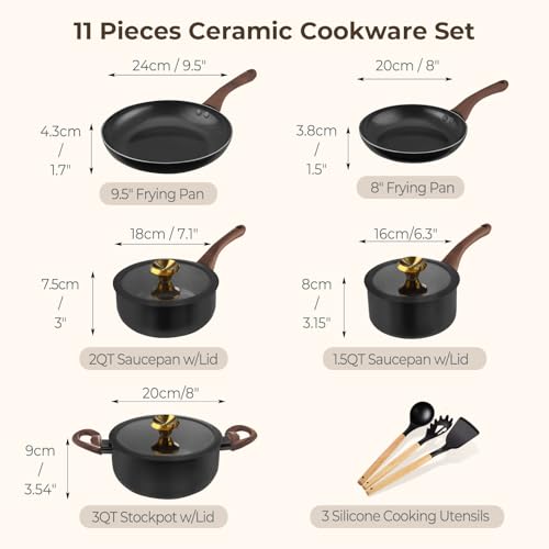 Non-Stick Ceramic Cookware Set 11 Pieces - Space-Saving Pots & Pans for Small Kitchens