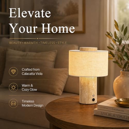 YMXYJM Marble Table Lamp - Rechargeable Travertine Touch Lamp with Dimming