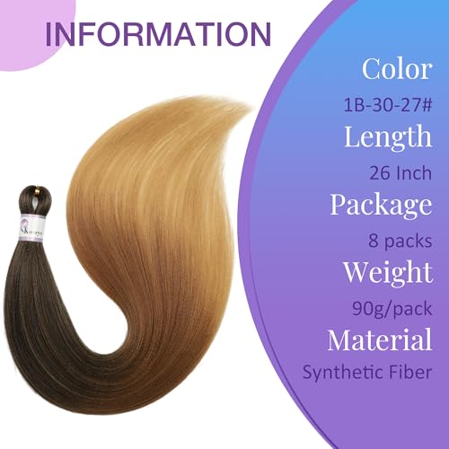 Pre-Stretched Braiding Hair 26 Inch - Natural Soft Yaki Texture - 8 Packs - Variation 1B-30-27#